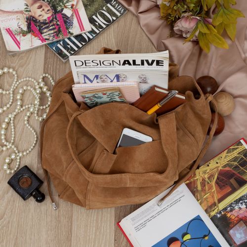 VERA PELLE torebka damska zamszowa shopper z saszetką na ramię V683 camel na Arena.pl