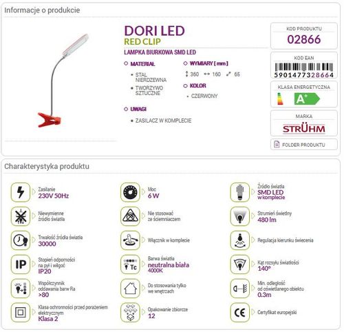 Lampka biurkowa DORI LED 6W RED CLIP 02866 na Arena.pl