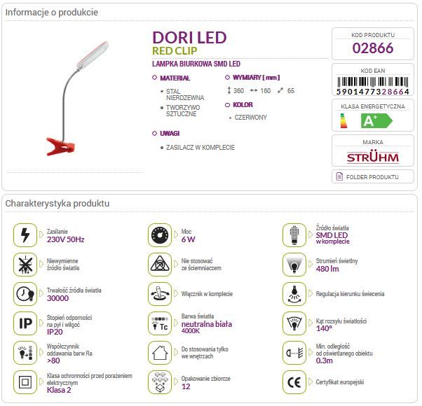 Lampka biurkowa DORI LED 6W RED CLIP 02866 zdjęcie 4
