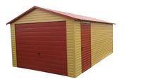 Garaż blaszany 3,5x6 akrylowy, dwuspadowy dach z bramą uchylną do góry i z drzwiczkami
