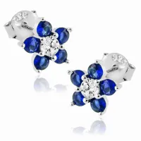 DELIKATNE RODOWANE SREBRNE KOLCZYKI WKRĘTKI KWIATKI SZAFIROWE CYRKONIE