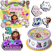 ZESTAW OPŁATEK NA TORT 20CM + 17 POSTACI - KOCI DOMEK GABI + IMIĘ 15CM 18CM