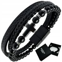 Bransoletka Skórzana Czarny Agat Onyks Hematyt Krzyż Magnetyczna Seralune