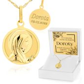 Złoty Medalik Matka Boska 585 Łańcuszek Prezent Pamiątka Komunii z Grawerem