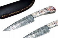 Nóż ręcznie wykonany bushcraft survival stal damasceńska skórzane etui 8663