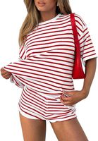 Damski Dres Dwuczęściowy w Paski Krótki Rękaw Szorty Czerwony S