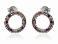 ELEGANCKIE RODOWANE SREBRNE KOLCZYKI WKRĘTKI KÓŁKA 1.1CM KOLOROWE CYRKONIE