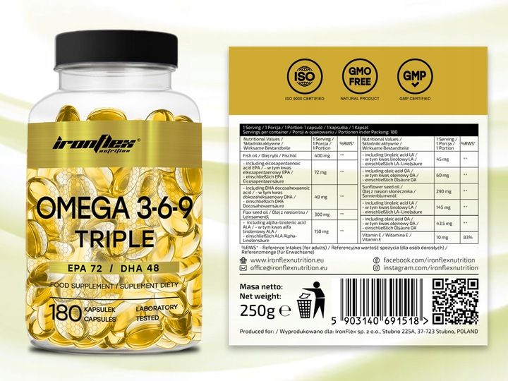 IRONFLEX OMEGA 3-6-9 TRIPLE 180 kaps KWASY TŁUSZCZOWE OLEJ RYBI + LNIANY zdjęcie 5