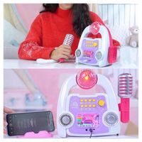 ZESTAW DO KARAOKE DLA DZIECI WZMACNIACZ + MIKROFON STATYW EFEKTY ŚWIATŁA