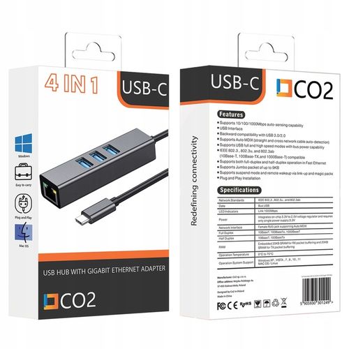 PRZEJŚCIÓWKA USB-C ETHERNET ADAPTER KARTA SIECIOWA LAN HUB USB GIGABIT RJ45 na Arena.pl