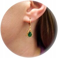 Złote kolczyki szmaragdowa zielona łezka z cyrkoniami eleganckie pozłacane