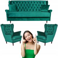 ZIELONY zestaw wypoczynkowy USZAK wersalka 2 fotele Gaja