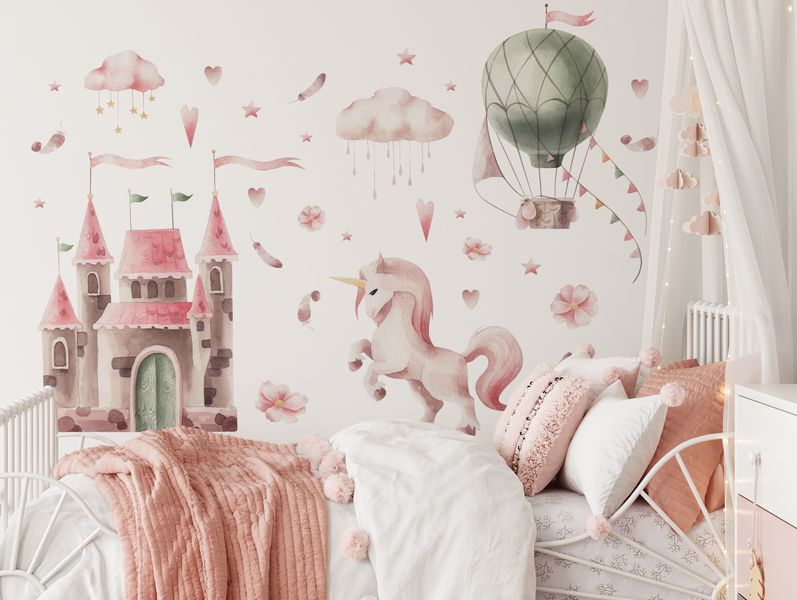 ZESTAW Naklejek DLA DZIECI Jednorożec Zamek Balon Chmurki 120cm x 60cm zdjęcie 7