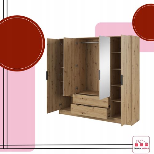 SZAFA GARDEROBA LUSTRO LIVIA 4DL OTWIERANA DĄB ARTISAN DUŻA SZUFLADY drążek na Arena.pl