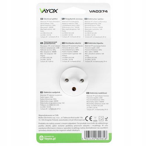 ROZGAŁĘŹNIK ELEKTRYCZNY 2 GNIAZDA ZŁODZIEJKA ŁADOWARKA 2x USB-C 2xUSB VAYOX na Arena.pl