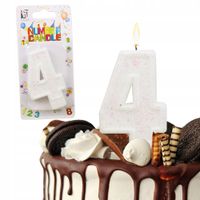 ŚWIECZKA URODZINOWA LICZBA 4 CZTERY BIAŁA BROKATOWA NA TORT CYFRA CZWÓRKA