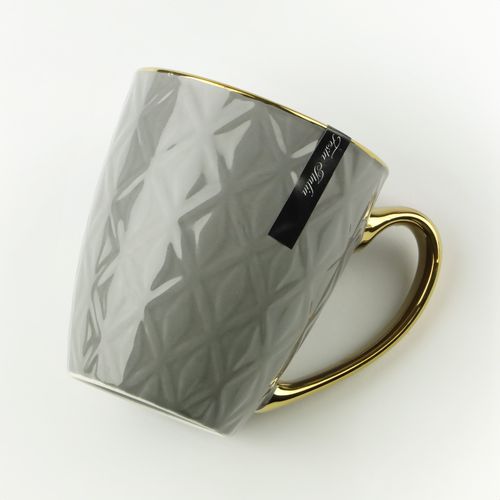 PORCELANOWY KUBEK NA KAWĘ HERBATĘ SZARY ZDOBIONY ZE ZŁOTYM UCHEM 360ML na Arena.pl