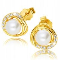 Złote Kolczyki 925/585 Perły Sztyfty Wkręty z Cyrkoniami na prezent
