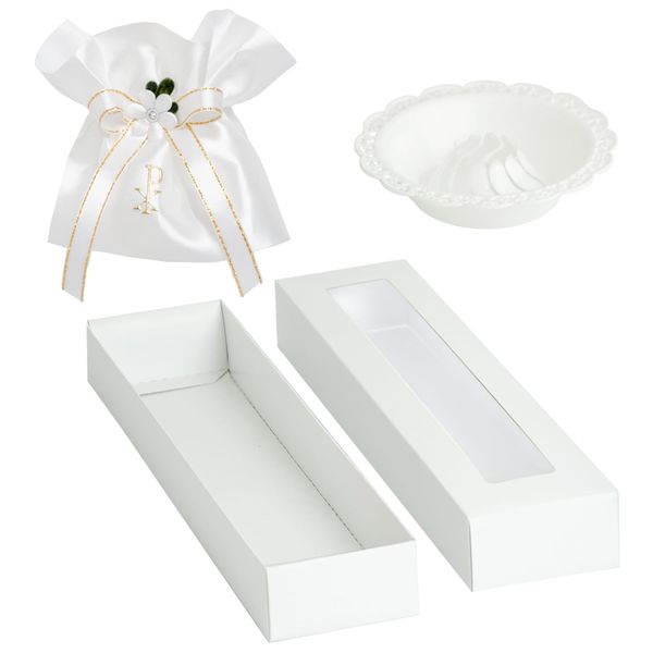 Biały stroik na świece do chrztu, komunii + okapnik SS-05 + pudełko zdjęcie 1