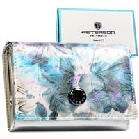 wielokolorowy portfel damski w roślinny wzór, zamykany zatrzaskiem