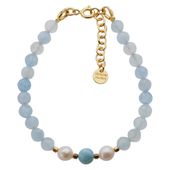 Bransoletka - Akwamaryn fasetowany, Perły, Larimar, Hematyt i srebro złocone