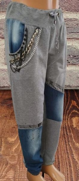 SPODNiE z jeansem i łańcuszkami ,kieszenie SHOP ART szare bawełna r.L zdjęcie 2