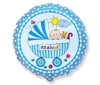 Balon foliowy okrągły wózek it's a boy niebieski, 45 cm