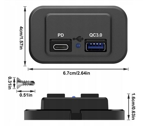 Ładowarka samochodowa do zabudowy 12V USB QC3.0; USB-C PD 3.0 na Arena.pl