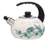 Czajnik emaliowany FIORELLO 2,2 l zielone kwiatki INDUKCJA napis Lovely kitchen kremowy