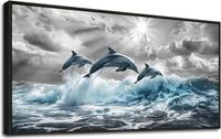 Obraz na Płótnie Delfiny 50x100 cm w Czarnej Drewnianej Ramie