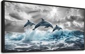 Obraz na Płótnie Delfiny 50x100 cm w Czarnej Drewnianej Ramie
