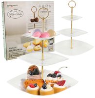 PATERA PORCELANOWA NOWOCZESNA BIAŁA 3 POZIOMOWA TACKA NA CIASTO ZŁOTA