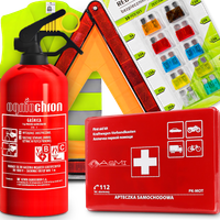 GAŚNICA 1KG OGNIOCHRON APTECZKA KAMIZELKA TRÓJKĄT OSTRZEGAWCZY BEZPIECZNIKI