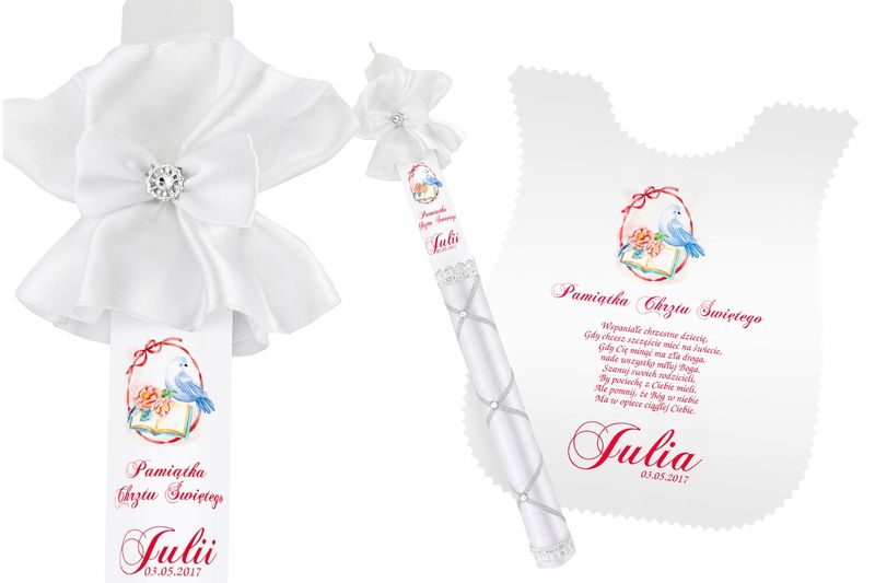 Szatka i świeca do CHRZTU biała IMIĘ DATA WZORY zdjęcie 7