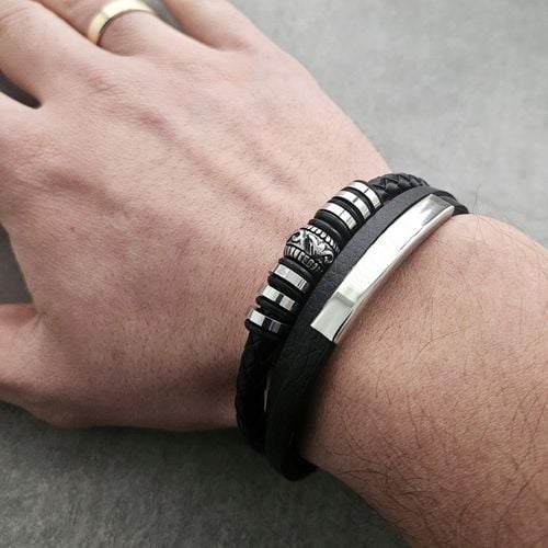 BRANSOLETKA MĘSKA SKÓRZANA SKÓRA GRAWER GRATIS SREBRNA REGULOWANA 21-24CM! na Arena.pl