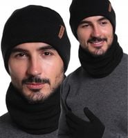 KOMPLET CZAPKA MĘSKA DAMSKA ZIMOWA DWUWARSTWOWA KOMIN RĘKAWICZKI CZARNY