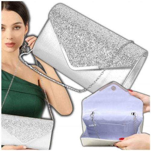 Srebrna Torebka Kopertówka Błyszcząca Wizytowa Damska portfel łańcuszek na Arena.pl