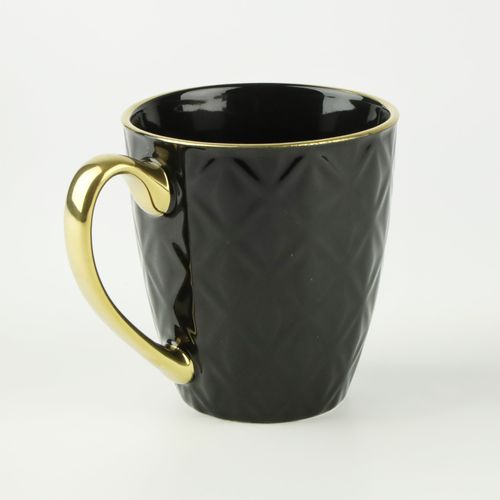PORCELANOWY KUBEK NA KAWĘ HERBATĘ CZARNY ZDOBIONY ZE ZŁOTYM UCHEM 360ML na Arena.pl