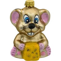 Bombka choinkowa szklana: Mysz z kawałkiem sera: brązowa