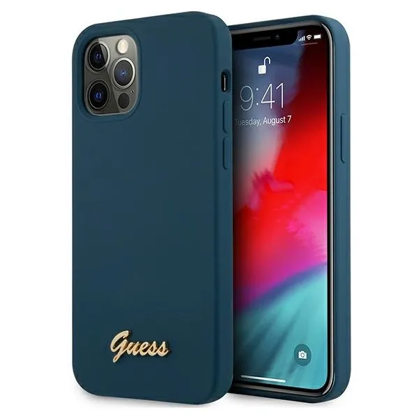 Etui Guess Metal Logo Script na iPhone 12 Pro Max - niebieskie zdjęcie 1