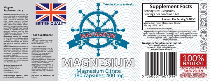 MAGNESIUM Cytrynian Magnezu 400mg NAVIGATOR 180tab zdjęcie 2