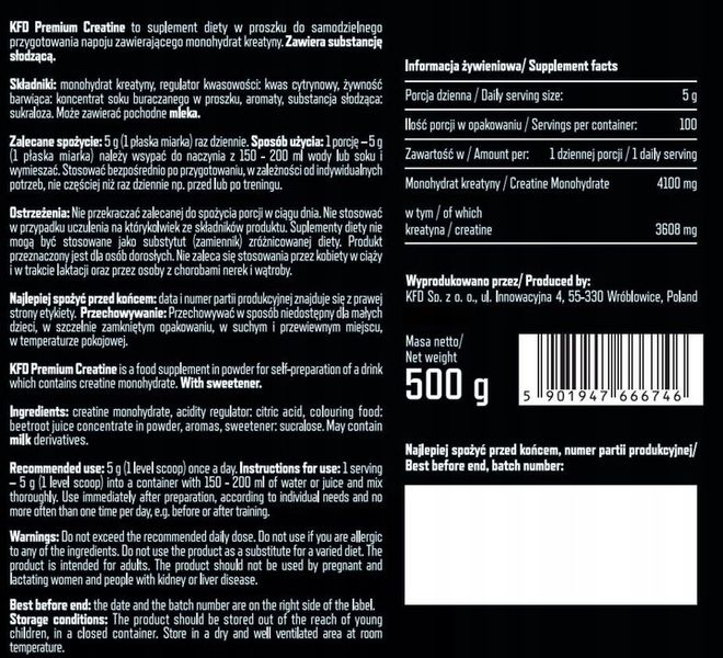 KFD PREMIUM CREATINE - 500 G KREATYNA MONOHYDRAT zdjęcie 4