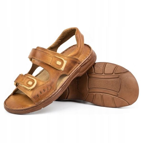 Sandały męskie skórzane na lato na rzepy POLSKIE 812 Łukpol brązowe 45 zdjęcie 6