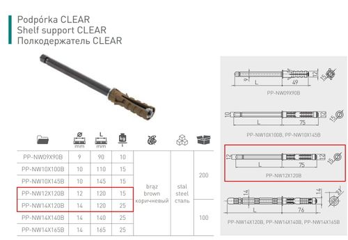 Niewidoczne mocowanie podpórka wspornik półek GTV Clear, brąz, 14 x 120 mm na Arena.pl