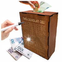 Skarbonka drewniana WYKREŚLANA wykreślanka personalizowana 1000zł brązowa