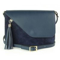 Skórzana torebka listonoszka Vera Pelle złote okucia,frędzelek, zamsz Granatowa VP113BS