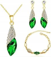 Złoty komplet biżuterii złocone migdały z szmaragdowymi cyrkoniami łezki