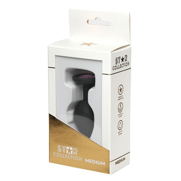Star Collection - Black Silicone Anal Plug M - Light Pink Stone zdjęcie 1