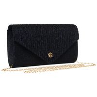 brokatowa kopertówka damska w granatowym kolorze zawieszona na łańcuszku