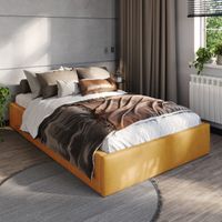 ŁÓŻKO 120x200 TAPICEROWANE Z POJEMNIKIEM + STELAŻ PODWÓJNE WELUR ŻÓŁTY